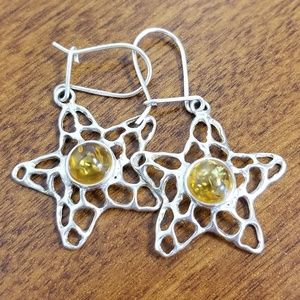 925 silver and genuine amber star earrings